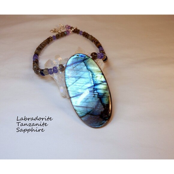 Spectrolite Labradorite Sapphire Tanzanite Sterling Silver Pendant Necklace - Picture 2 of 7